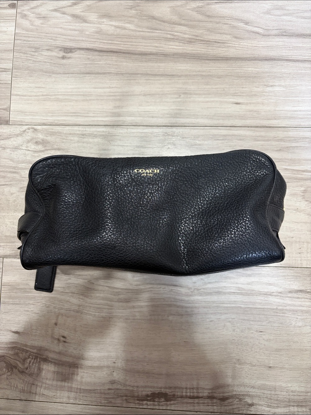 Coach Black Pebbled Leather Toiletry Pouch with Gold Logo